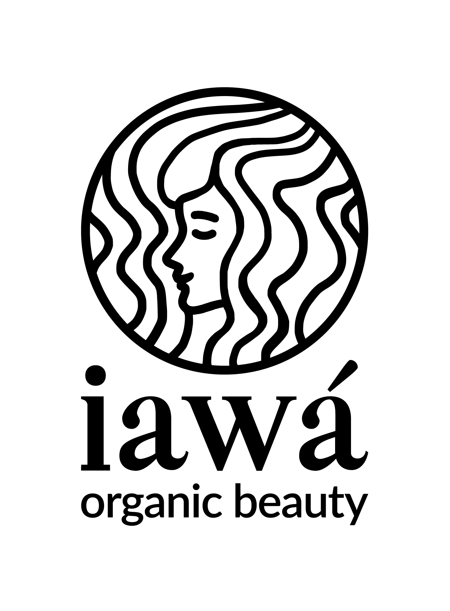 Un logotipo en blanco y negro para Iawa Organic Beauty con una cabeza de mujer en un círculo.