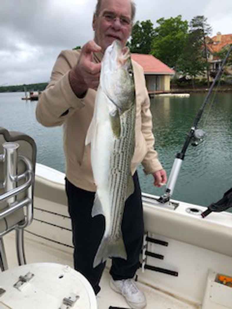 Man holding up a large striped fish on a boat docked by calm water, with houses in the background