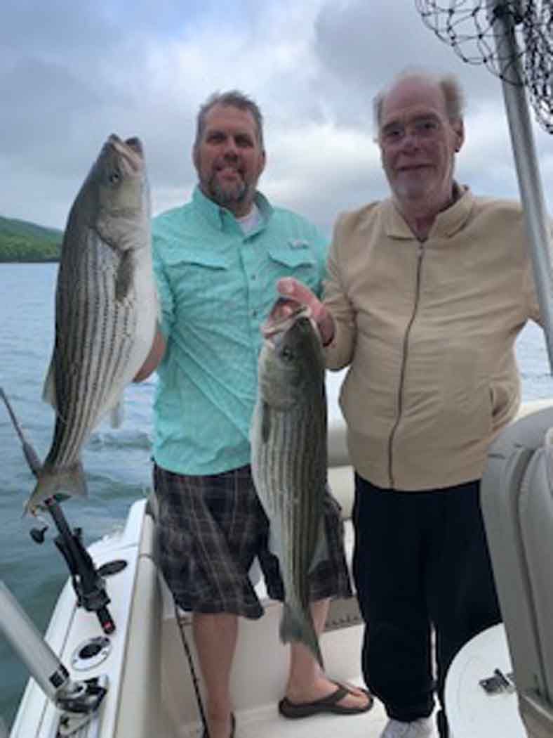 Two men on a boat holding large striped fish, with a lake and hills in the background