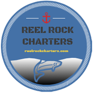 Reel Rock Charters logo with blue circle, red anchor, fish, and website text