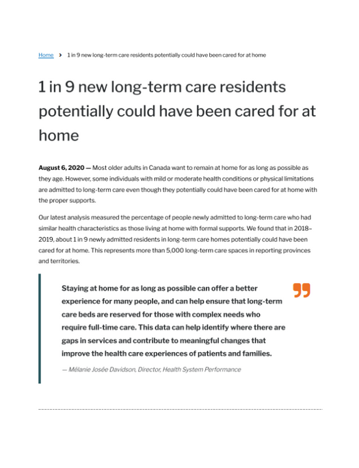 1 in 9 new long-term care residents potentially could have been cared for at home.