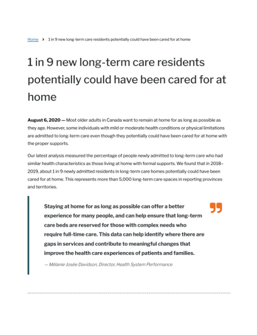 New Long-Term Care Residents Who Potentially Could Have Been Cared for at  Home · CIHI