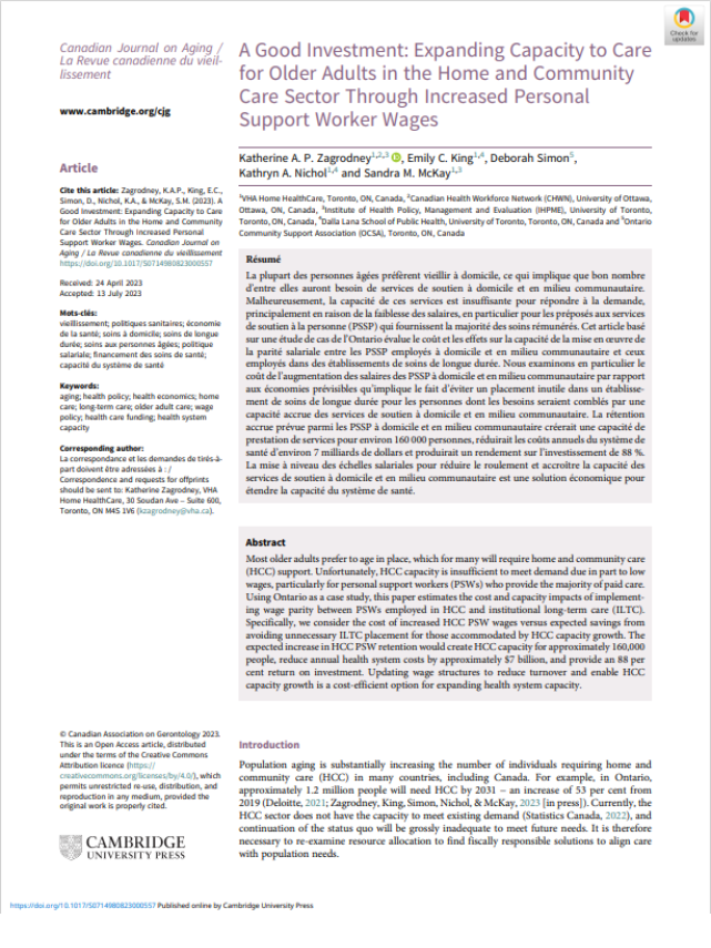 Capacity to care for older adults in the home and community care sector through increased personal support workers.
