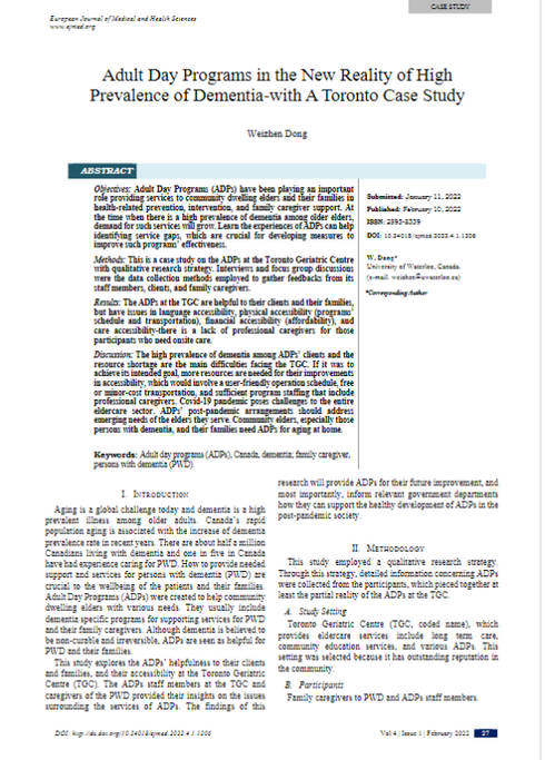 A page from a book titled adult day programs in the new reality of high prevalence of dementia with a toronto case study.