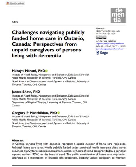 A paper titled challenges navigating publicly funded home care in ontario canada
