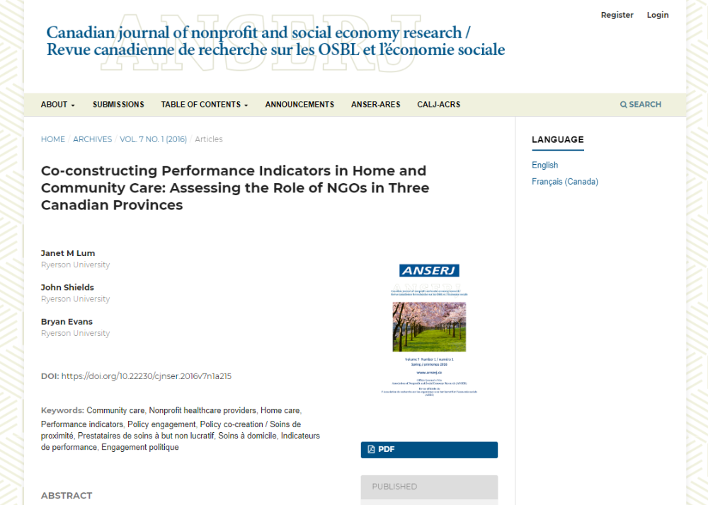 A screenshot of the canadian journal of nonprofit and social economy research website.