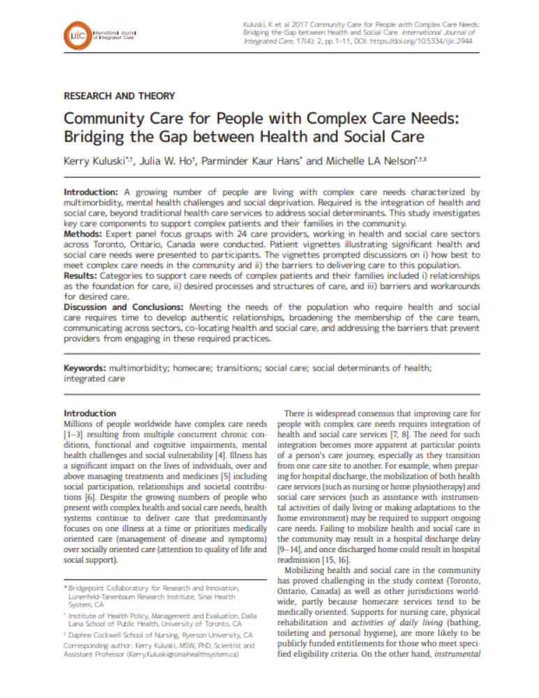 Community care for people with complex care needs : bridging the gap between health and social care