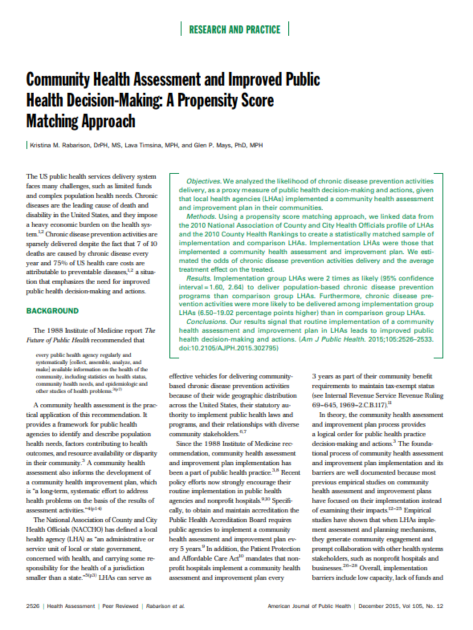 Community health assessment and improved public health decision making a propensity score matching approach.