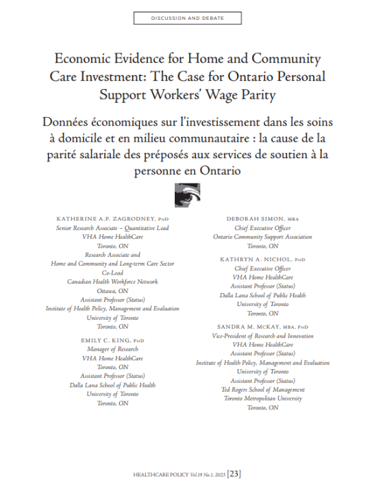 Economic evidence for home and community care involvement : the case for ontario personal support workers ' wage parity