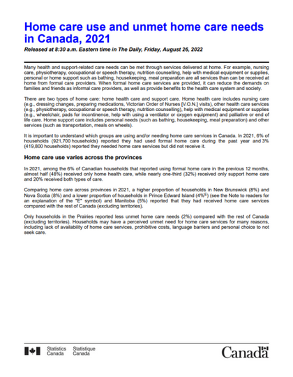 A white paper with the words `` home care use and unmet home care needs in canada , 2021 '' on it