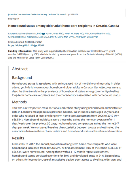 A page of a research paper about homebound status among older adult home care recipients in ontario , canada.