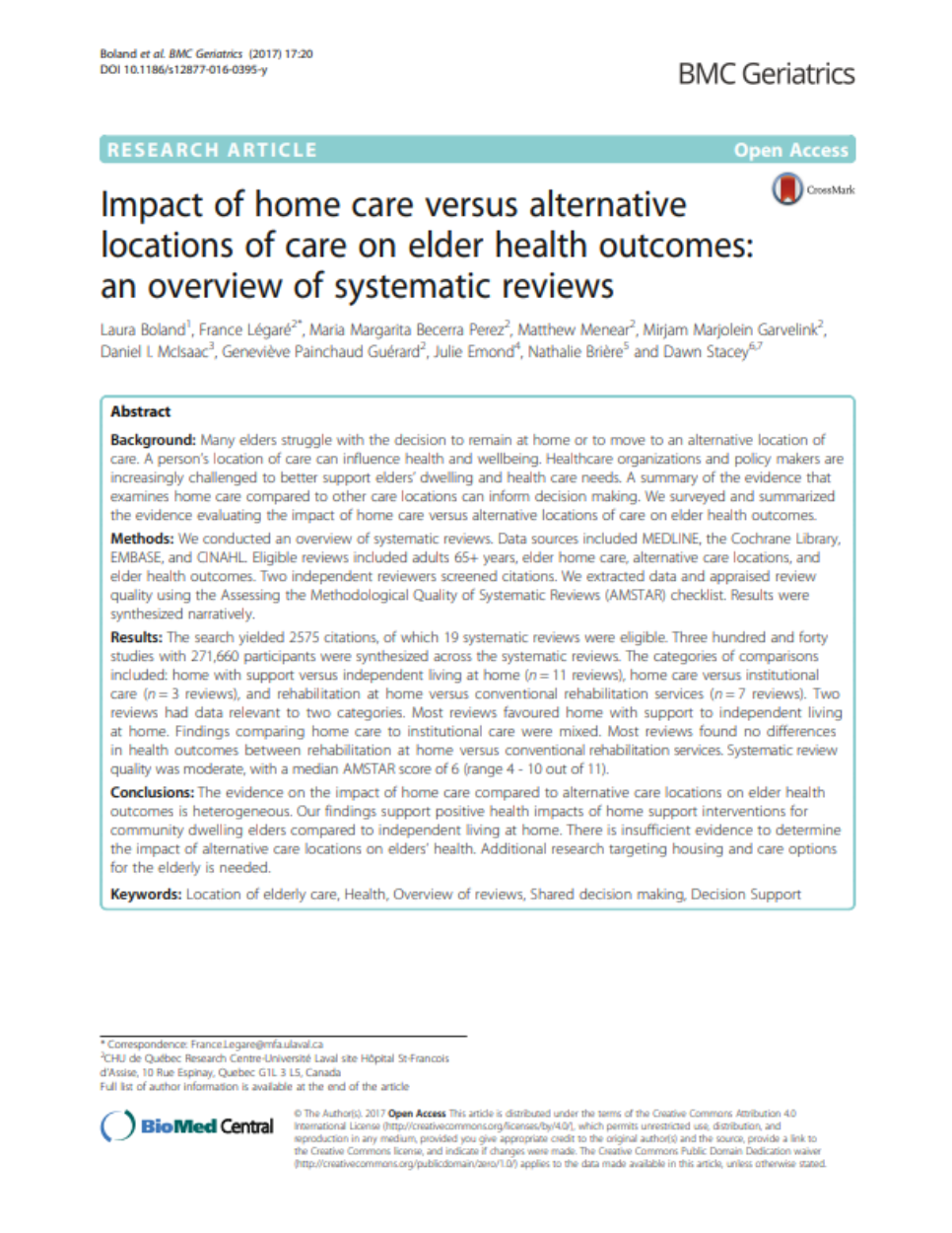 An overview of systematic reviews of home care versus alternative locations of care on older health outcomes