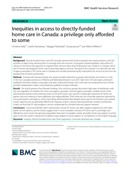 Inequities in access to directly funded home care in canada : a privilege only afforded to some