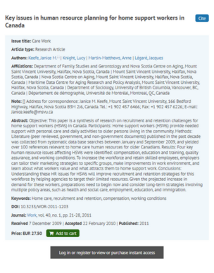 Key issues in human resource planning for home support workers in canada