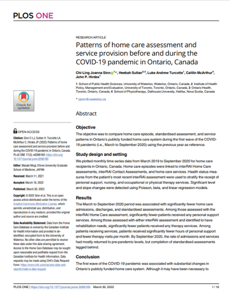 Patterns of home care assessment and service provision before and during the covid-19 pandemic in ontario canada