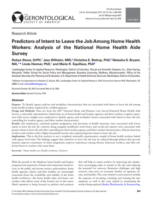 Predictors of intent to leave the job among home health workers : analysis of the national home health aide survey