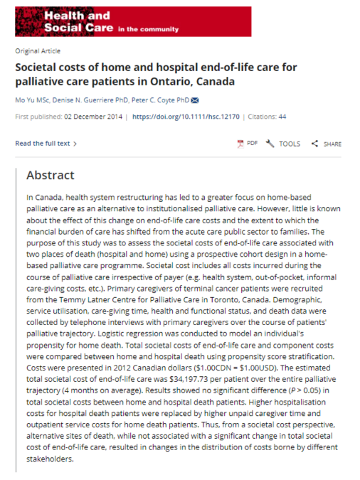 A paper titled social costs of home and hospital end-of-life care for palliative care patients in ontario canada