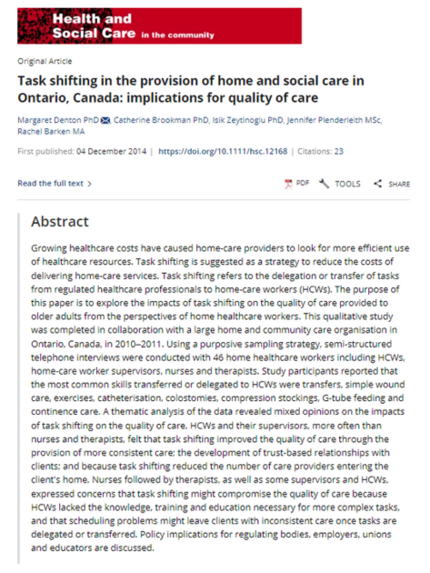 A paper titled task shifting in the provision of home and social care in ontario canada : implications for quality of care