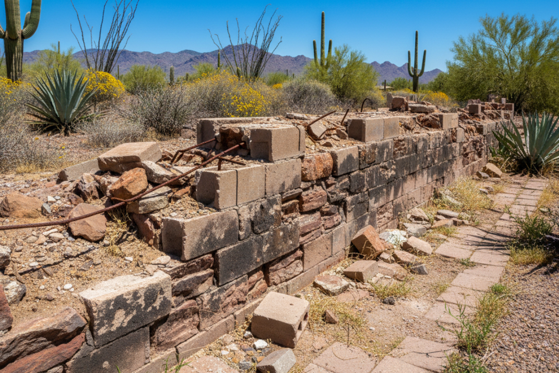 Collapsed block retaining wall with soil movement and broken concrete blocks in a Phoenix desert yard