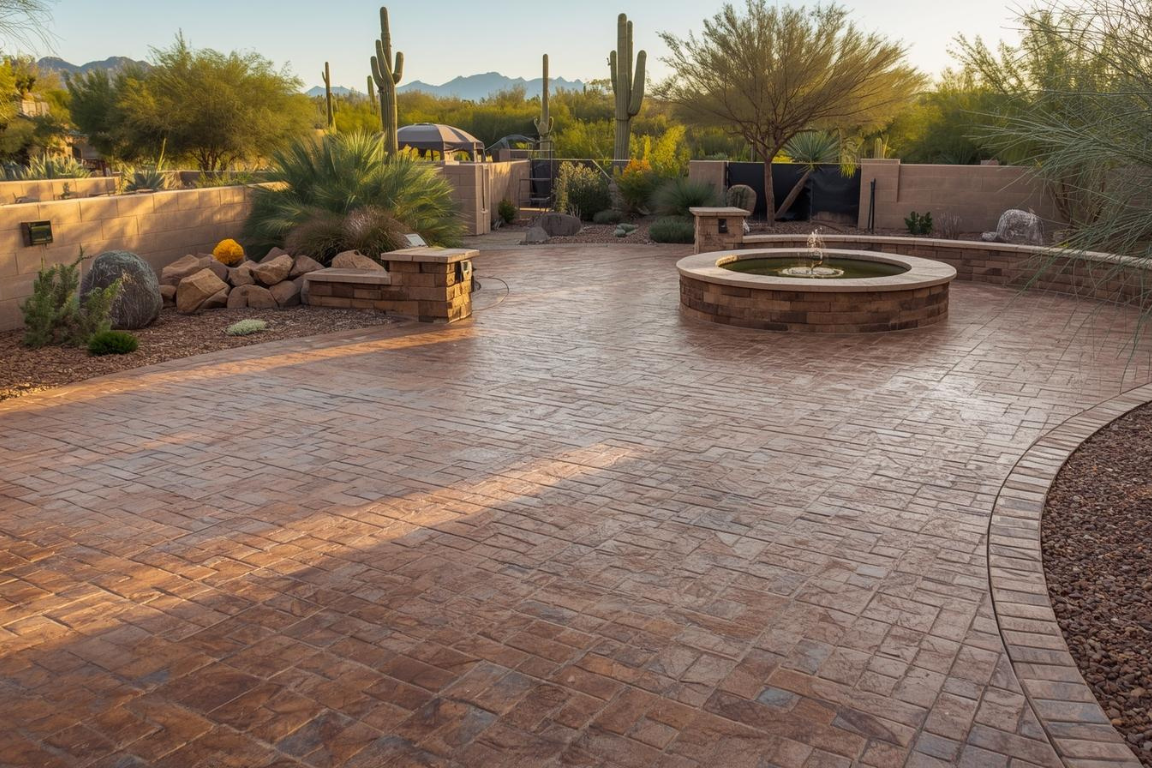 Stamped concrete patio with warm earth-tone pattern, circular fire pit, and desert landscaping.