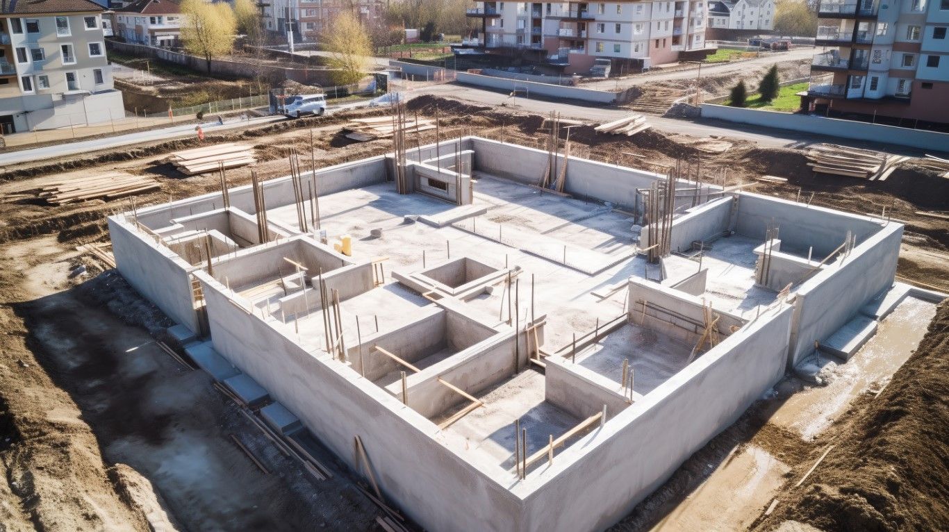 Construction site with concrete foundation walls and internal supports.