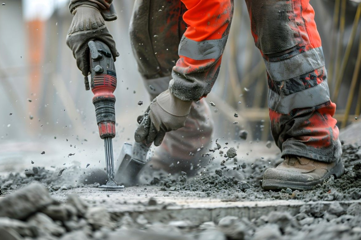 Commercial concrete removal in progress with a worker using a jackhammer during a commercial site preparation project.