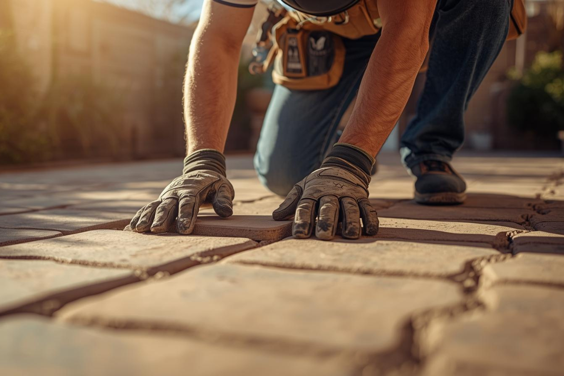 Hands placing concrete pavers, showing detailed work by an experienced paving contractor near Norterra, AZ.