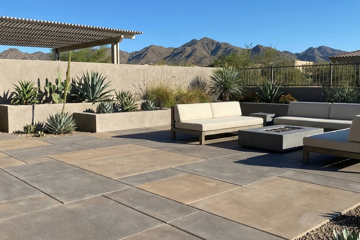 Modern paver patio with large format concrete pavers, outdoor seating, and built-in planters.