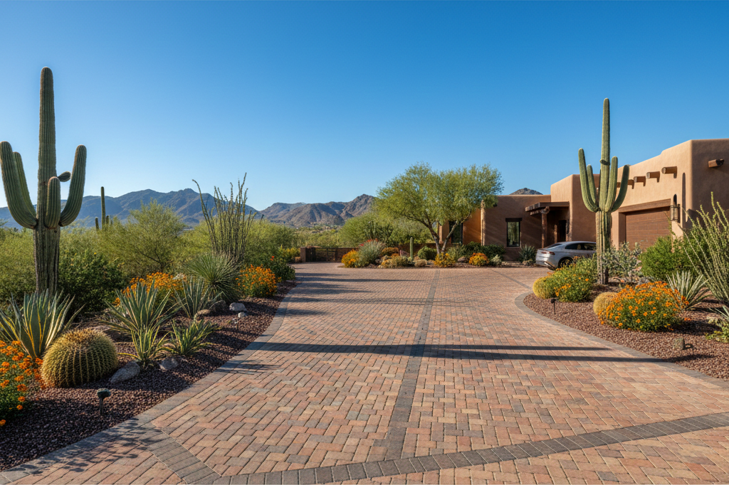 Curved paver walkway leading to a desert-style home featuring brick pavers.