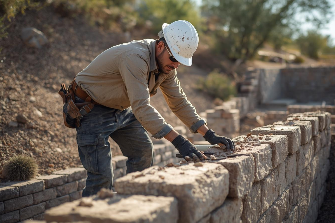 Retaining wall contractor rebuilding a block retaining wall with proper alignment and base support in Arizona