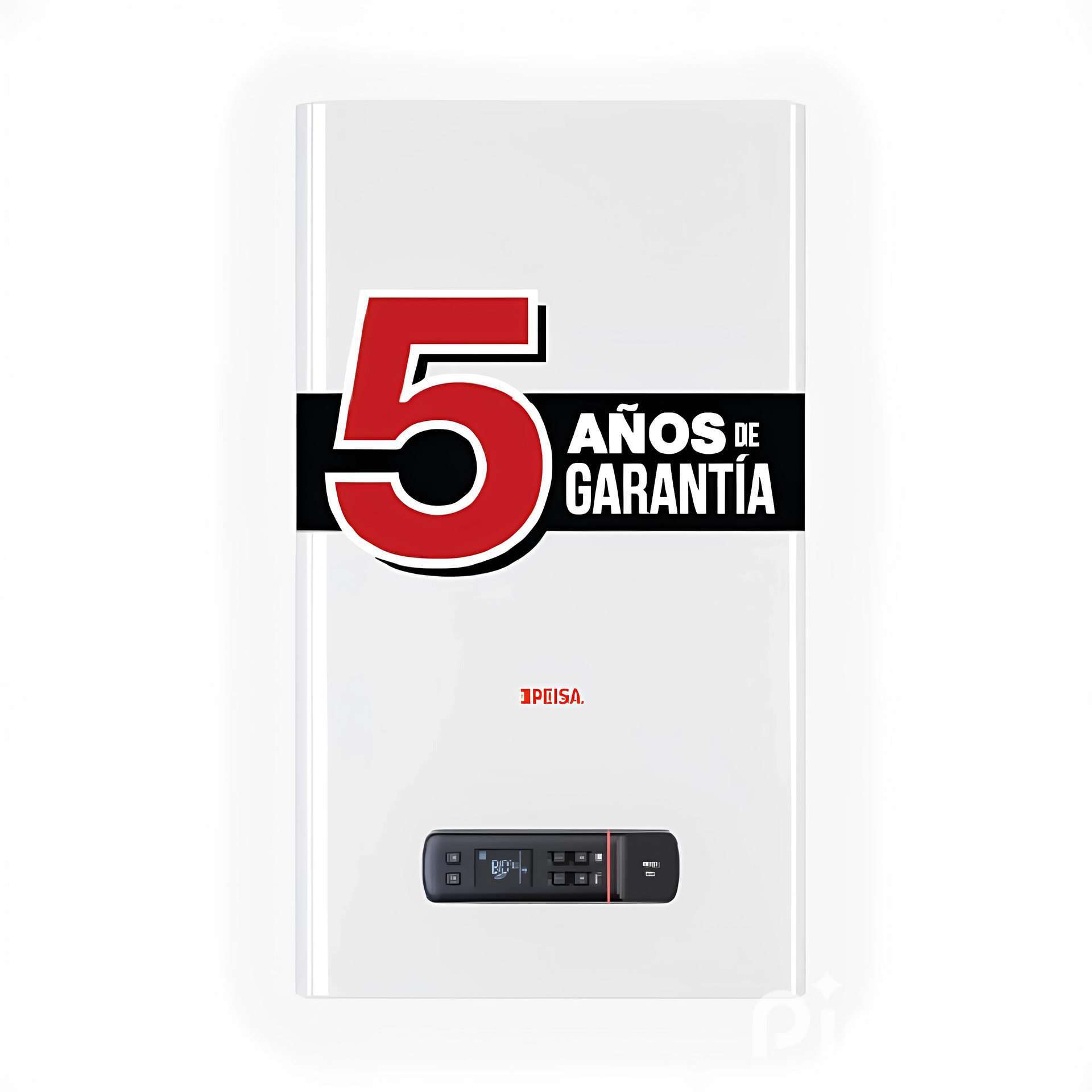 White boiler with a red "5" and "AÑOS DE GARANTÍA" text, black control panel.