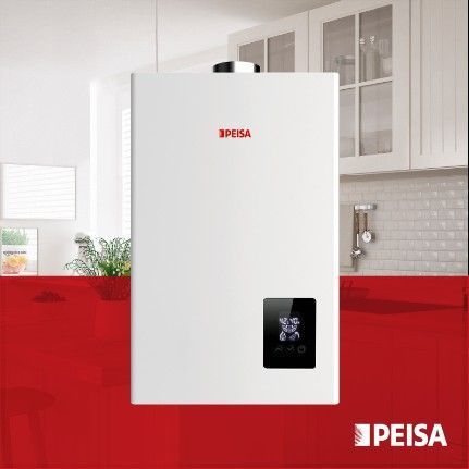 Calentador de agua PEISA blanco en entorno de cocina.