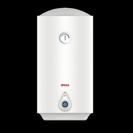 Calentador de agua eléctrico blanco con indicador de temperatura y botón de control.