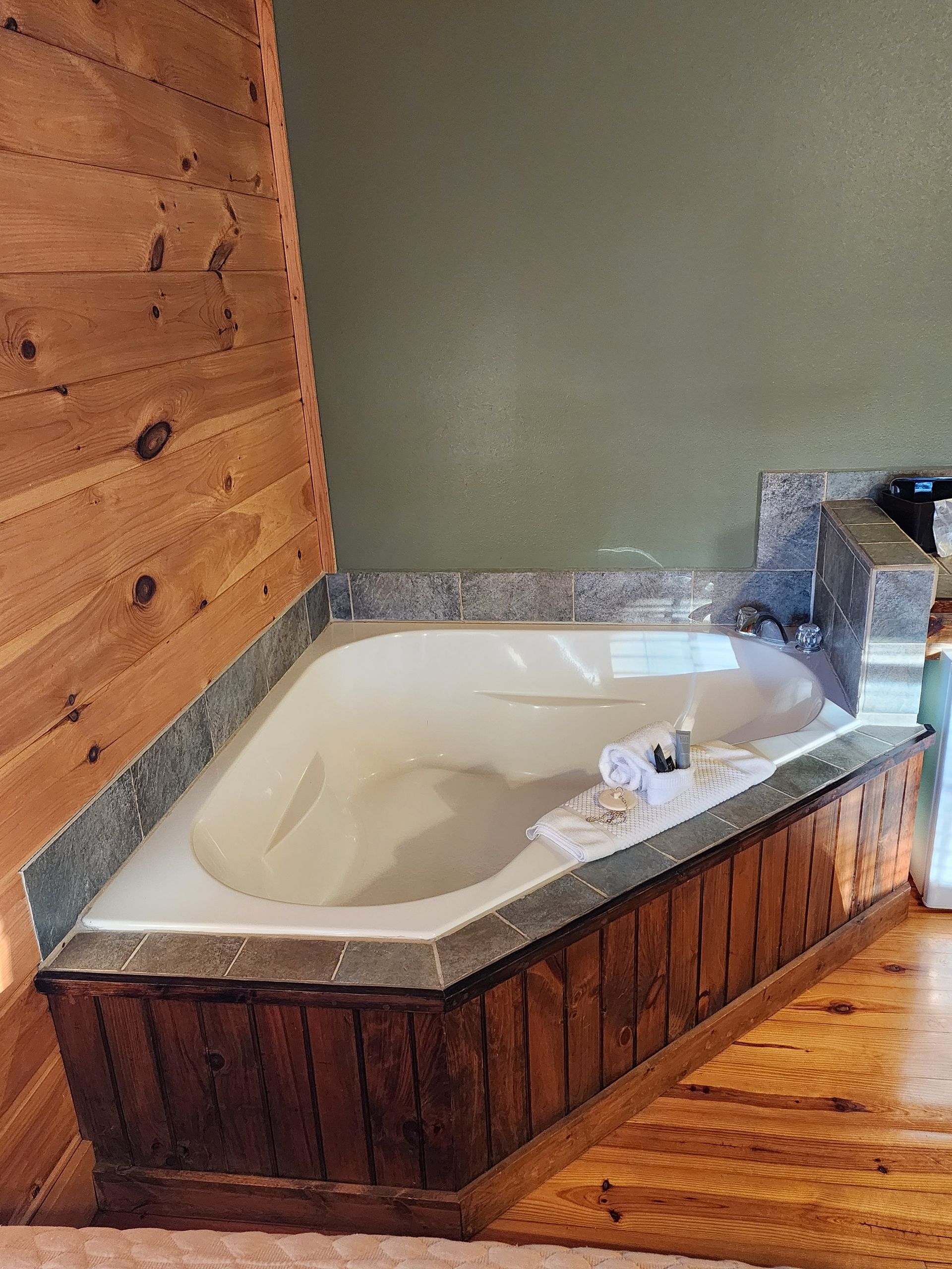 Built-in jacuzzi tub with dark wood paneling, wood floor, and olive green wall.