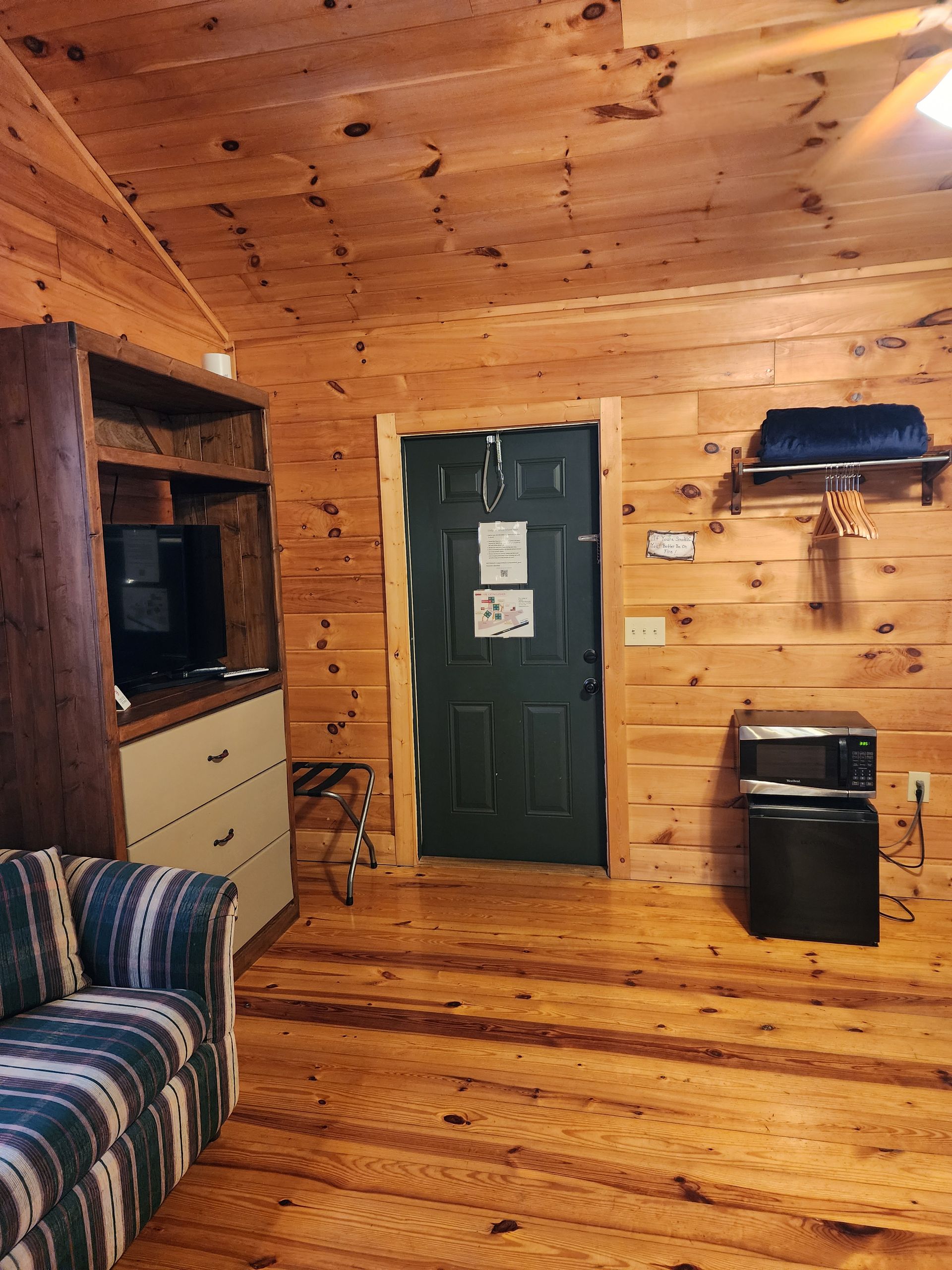 Wooden cabin interior with a sofa, TV cabinet, microwave, and green door.