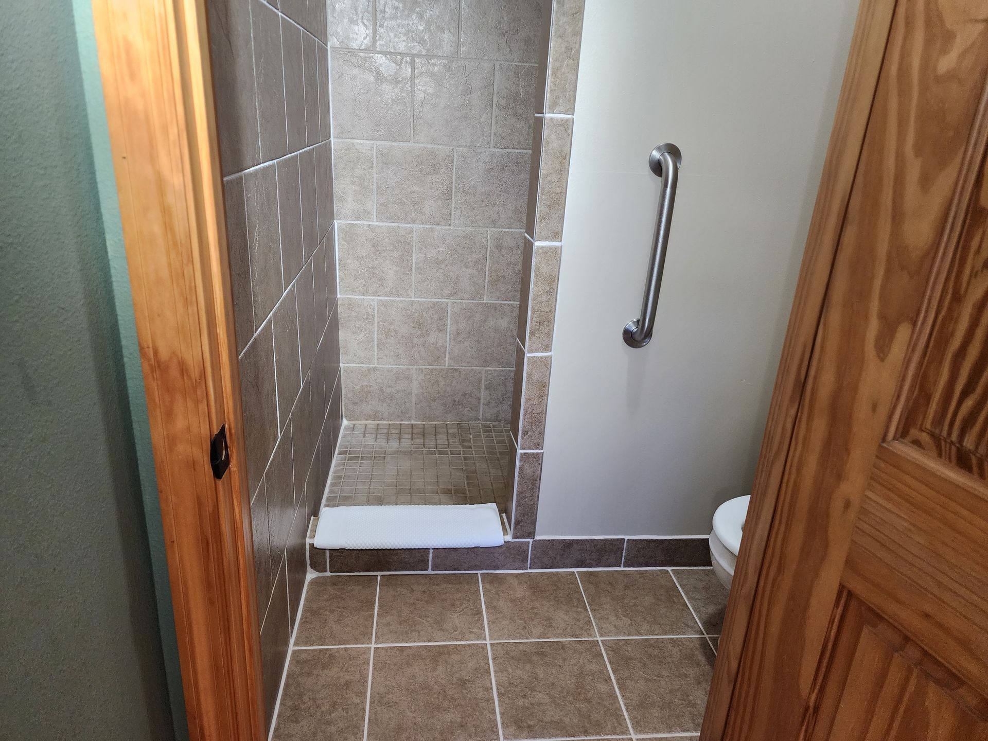 Bathroom with tiled shower and grab bar, toilet, and brown tile floor.