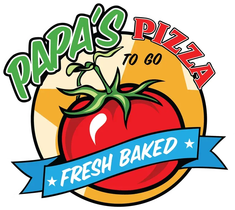 Papa's Pizza logo with a tomato, text 