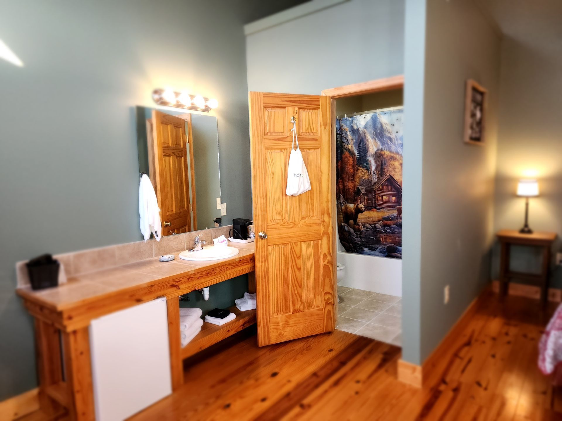 Bathroom with wood vanity, open door to shower, hardwood floors, and teal walls.
