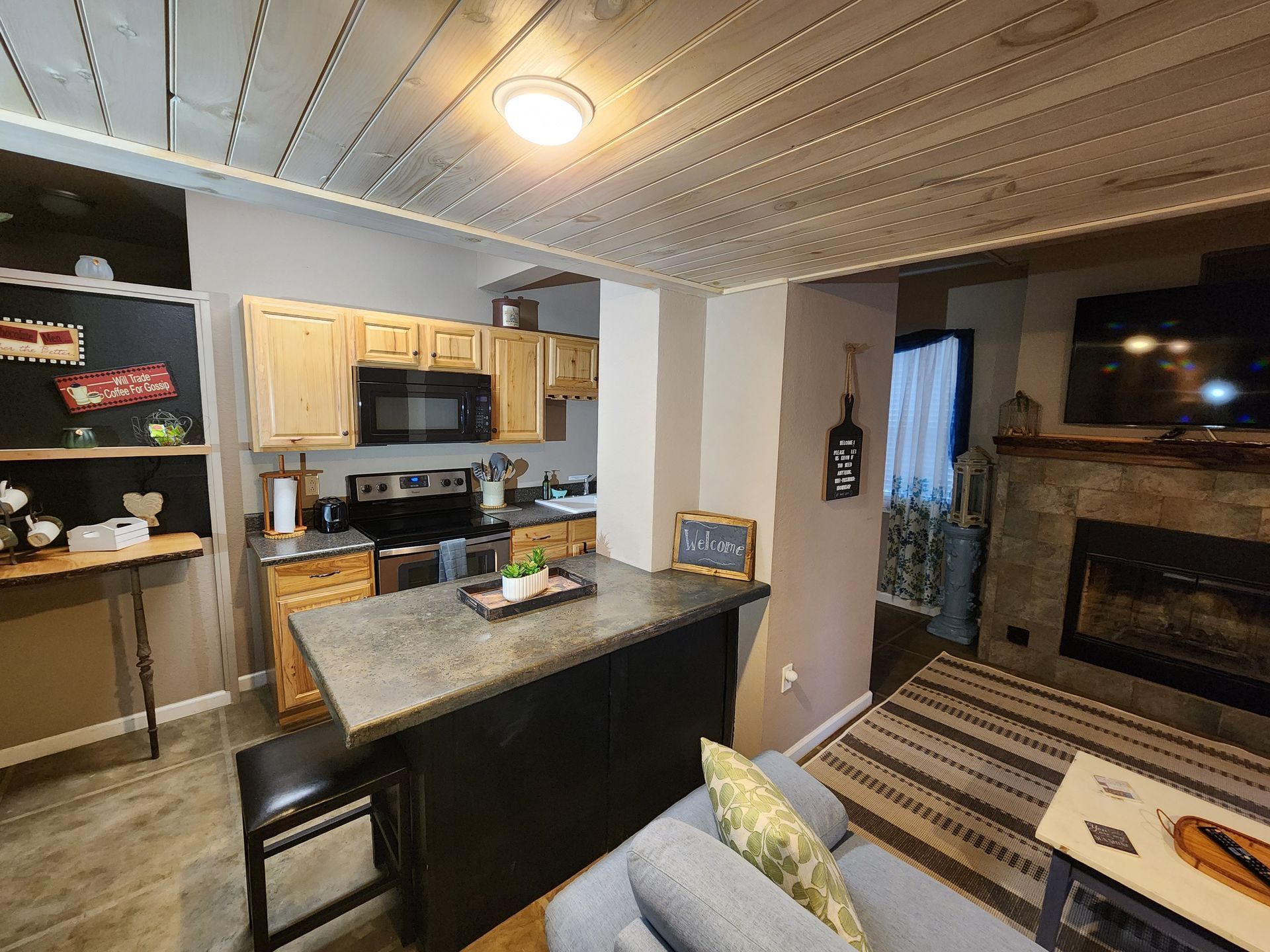 Kitchen and living area. Cabinets, island, appliances, and fireplace. Gray and wood tones.