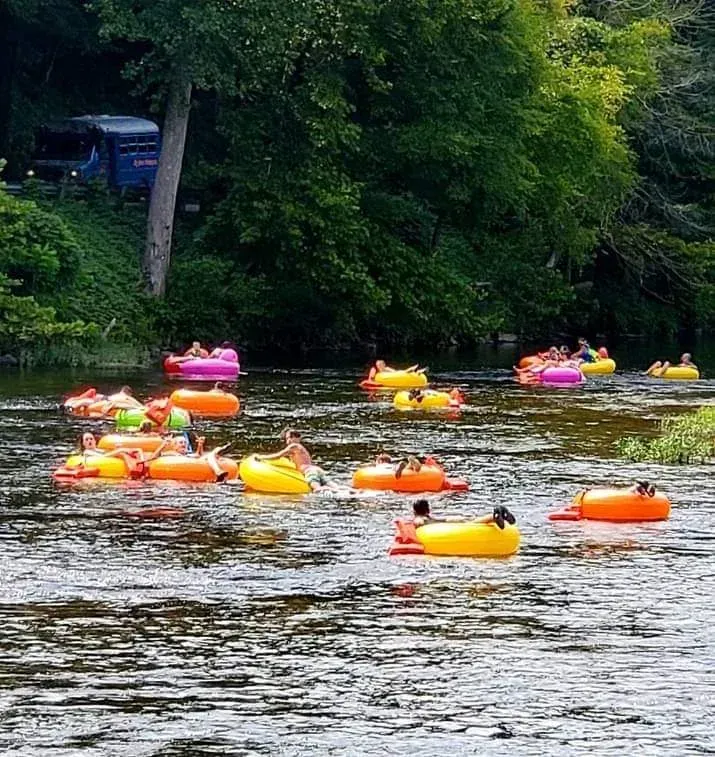 People floating in colorful tubes down a river surrounded by trees.