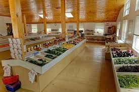 Inside a bright farm stand with wooden beams, vegetables displayed on low tables.