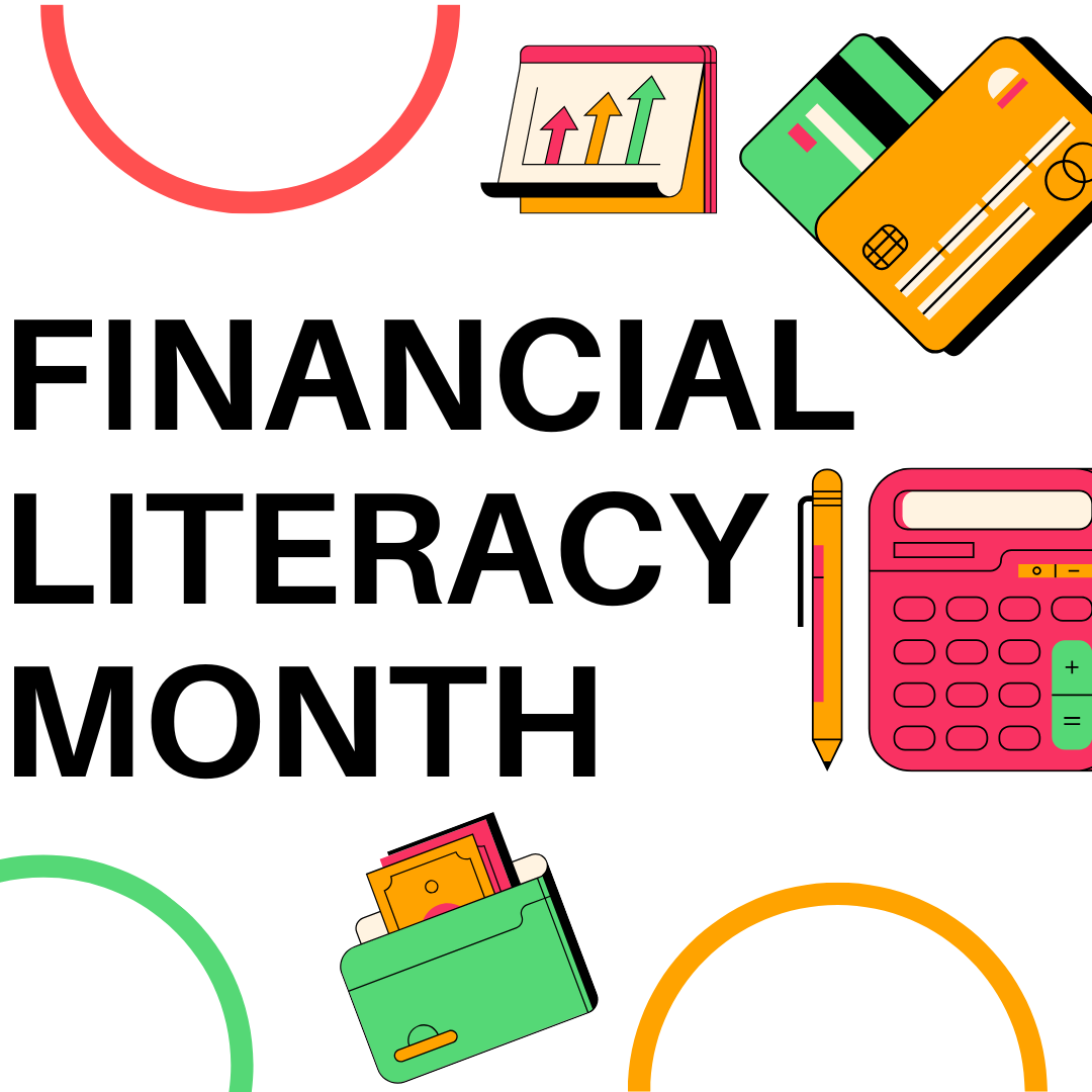 A logo for financial literacy month with a wallet , credit card , calculator , pen and calendar.