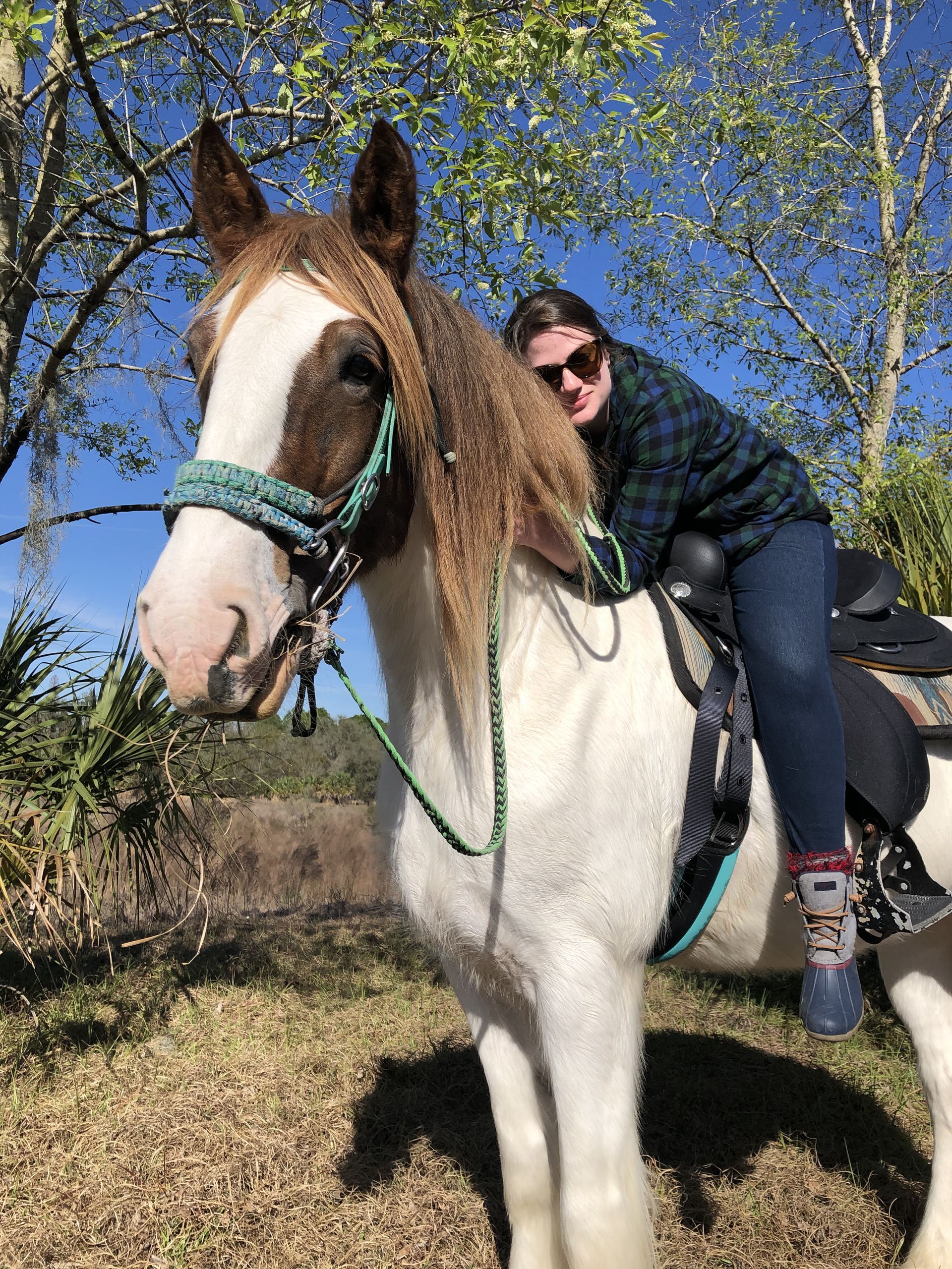 A woman is riding on the back of a brown and white horse.