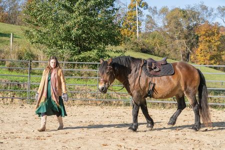 A woman is walking a brown horse in a dirt field.