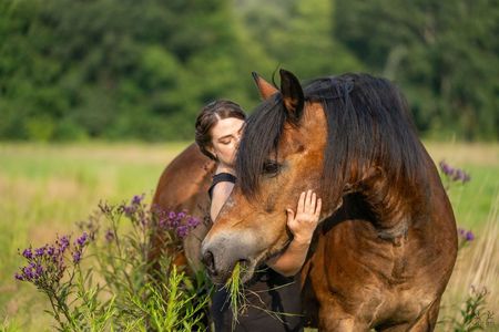 A woman is standing next to a large brown horse in a field.