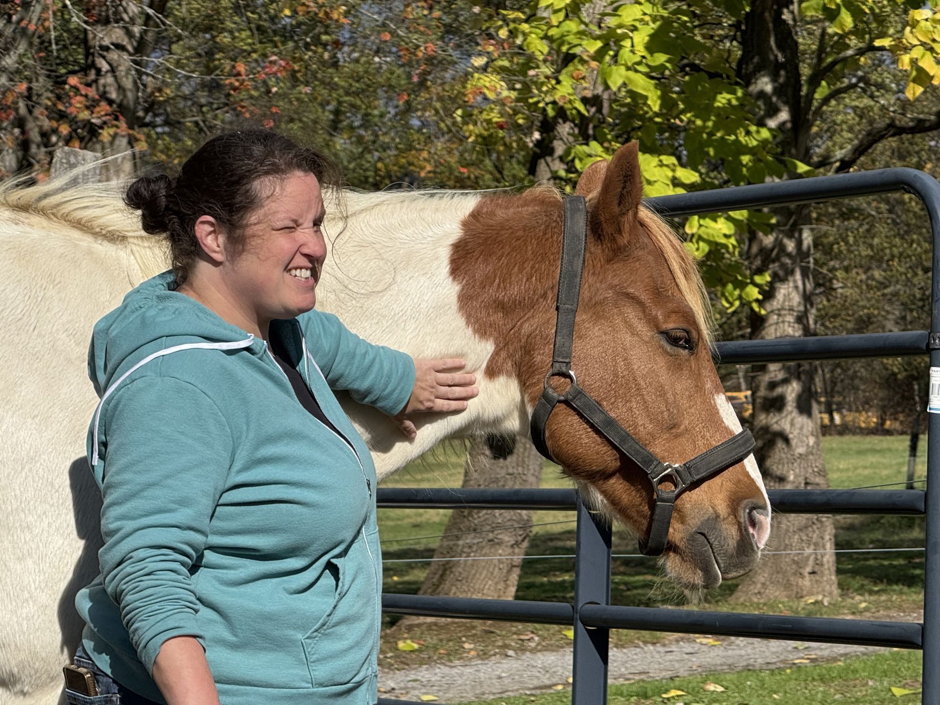 Woman petting a brown and white horse near a black metal gate outdoors.
