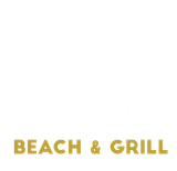 A logo for a beach and grill restaurant on a white background.