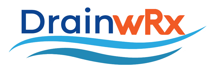 The logo for drain wrx is blue and red with waves.