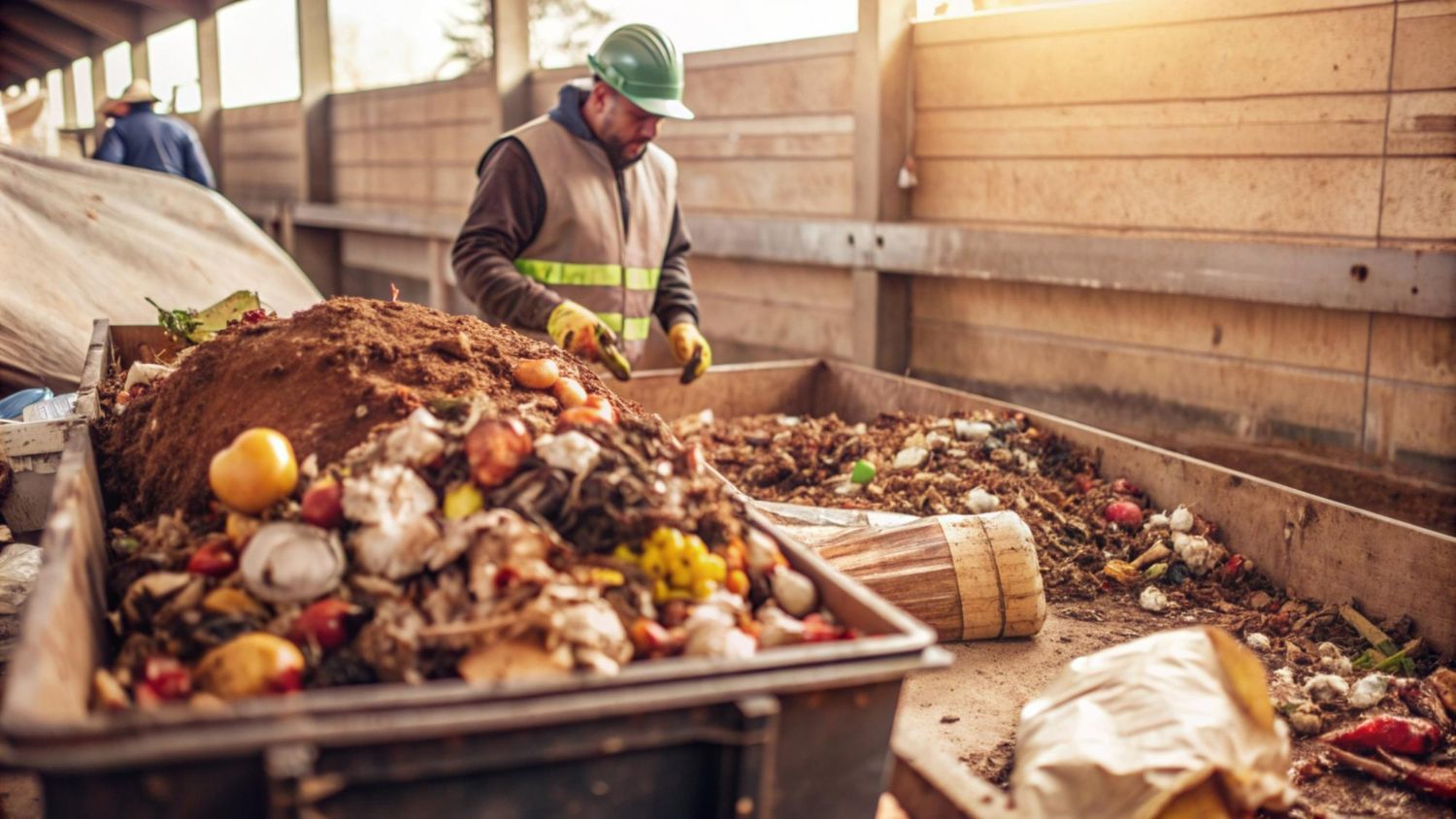 A man is working on a pile of food waste.
