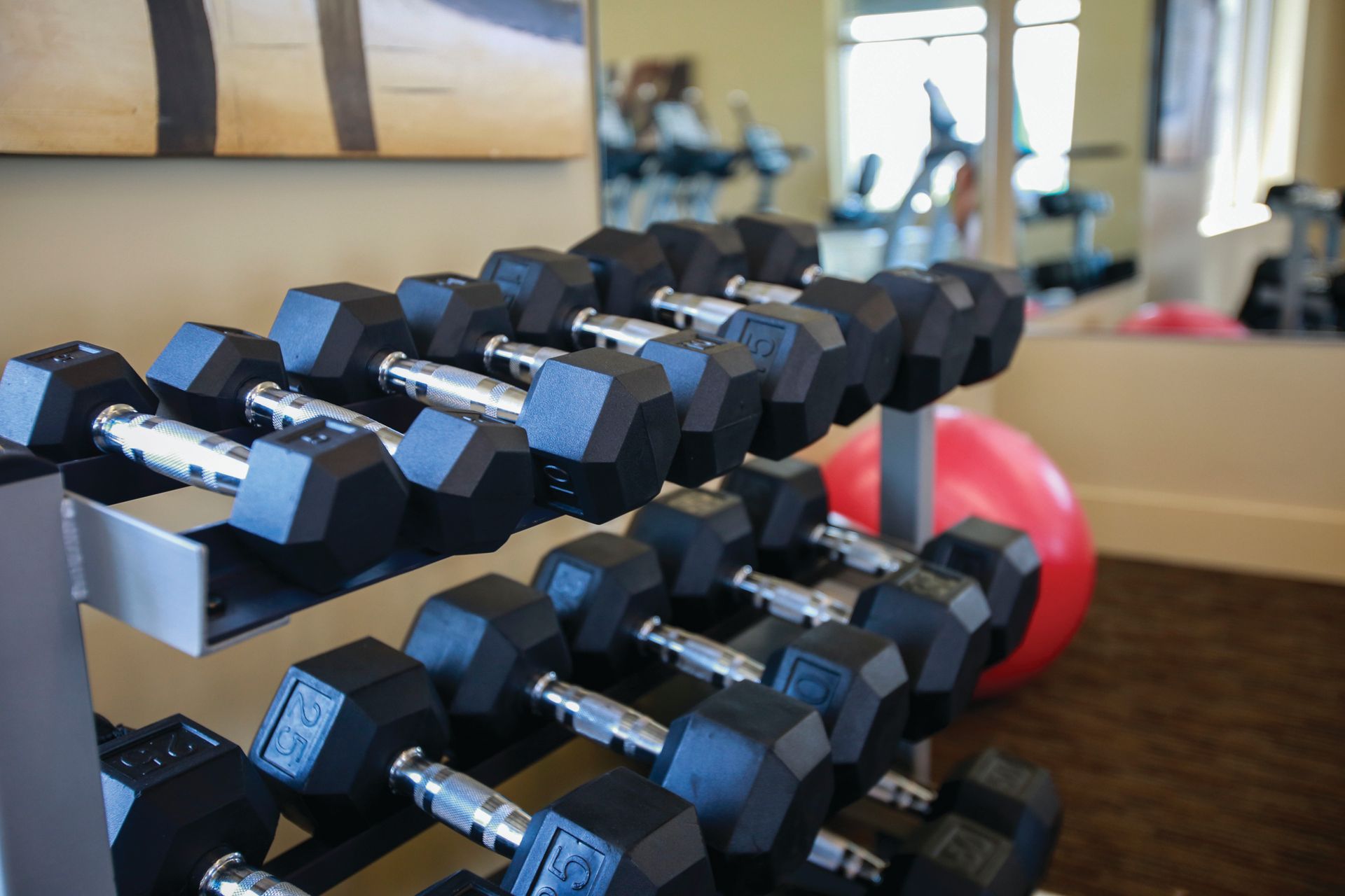 A bunch of dumbbells are stacked on top of each other in a gym.